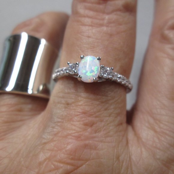 Dazzling Dainty 925 Sterling Silver OPAL Ring> Sparkling CZ's, Non Tarnish - Picture 3 of 7